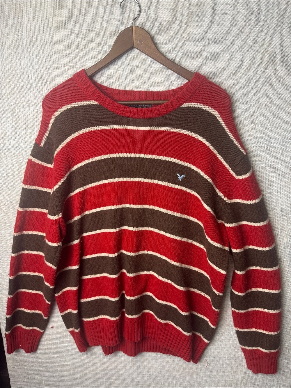 American Eagle Outfitters Red, Brown & Cream Striped Crew Sweater